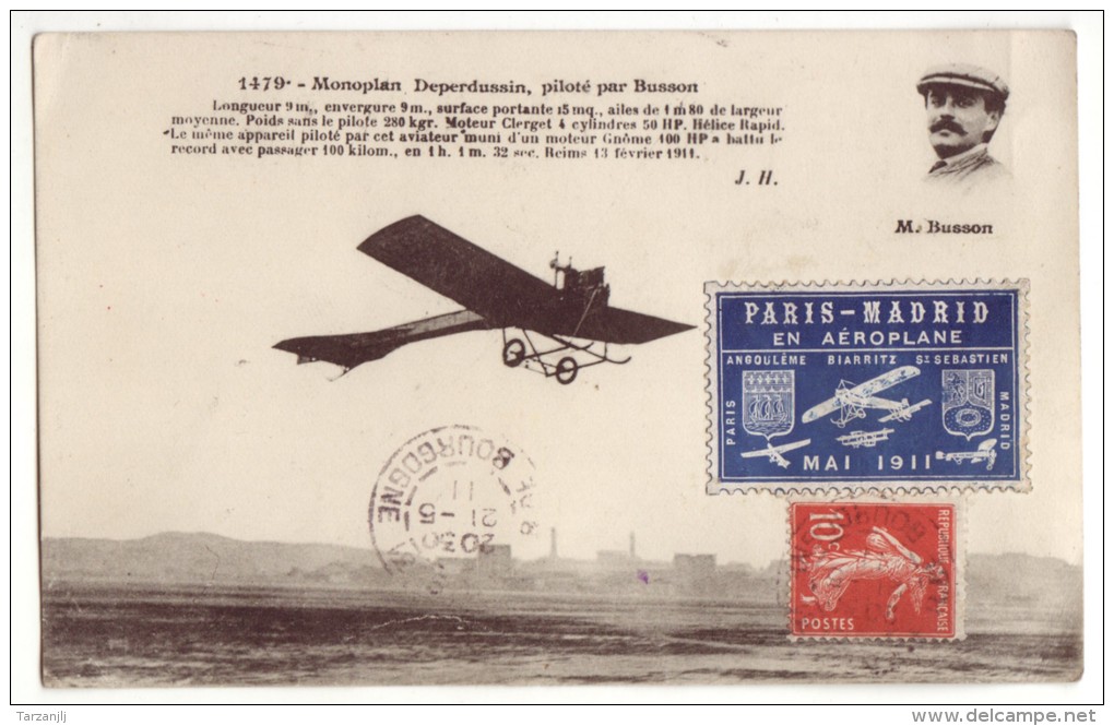 CPA Du Monoplan Duperdussin Piloté Par Busson Vignette Paris Madrid En Aéroplane Mai 1911 - Demonstraties