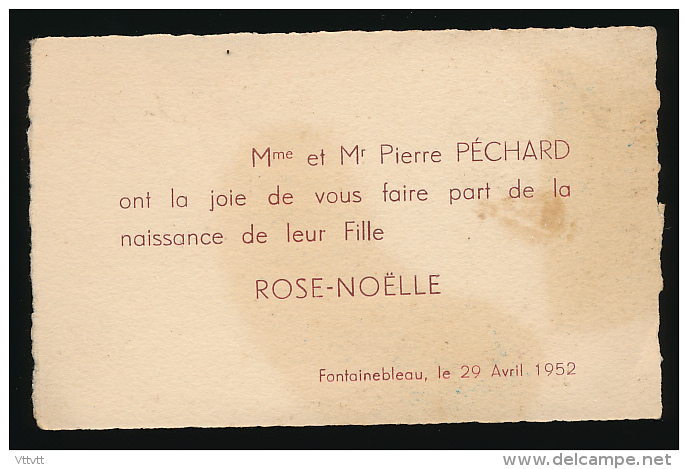 Faire-Part, Carte De Visite : Naissance D'une Petite Fille Rose-Noelle, 25 Avril 1952, Fontainebleau - Birth & Baptism