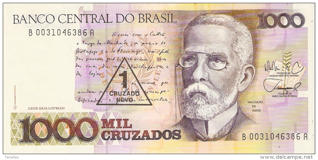 BILLETE DE BRASIL DE 1000 CRUZADOS RESELLO 1 CRUZADO NOVO (BANKNOTE) - Brazilië