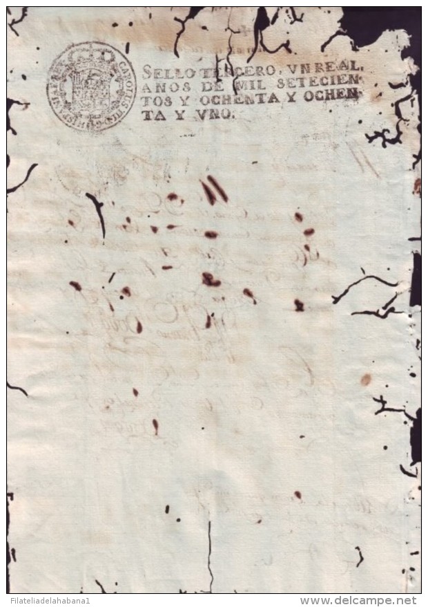 E4566 CUBA SPAIN ESPAÑA PAPEL SELLADO 1780-81 SELLO 4to REVENUE PAPER - Strafport