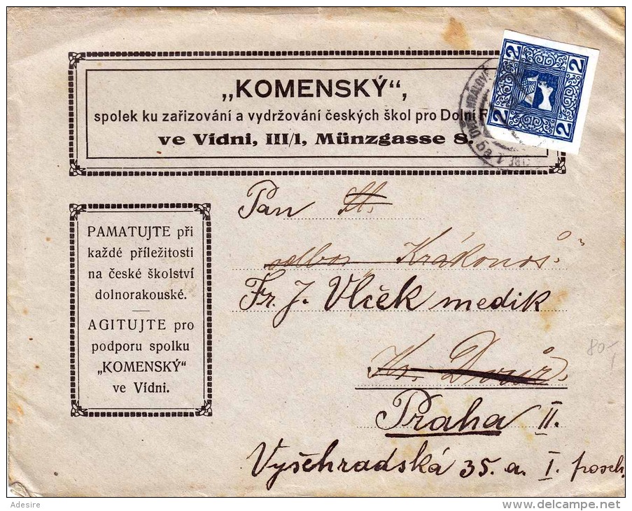 1908? ÖSTERREICH, 2 Heller Zeitungsmarke (ANK 157) Auf Brief, Gel.v. VIDNI (Wien) N. PRAG - Briefe U. Dokumente