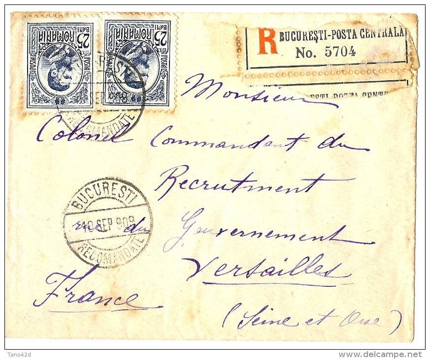 LBL20/5- ROUMANIE - PETITE LETTRE RECOMMANDEE A DESTINATION DE VERSAILLES SEPTEMBRE 1909 - Marcofilia