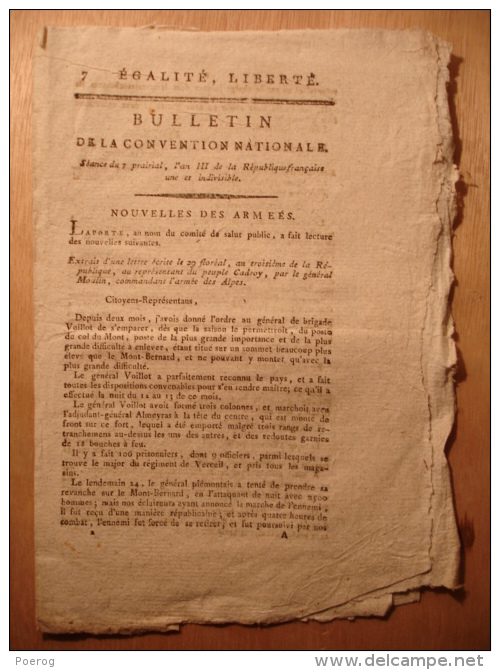 BULLETIN CONVENTION NATIONALE 1795 - CONQUETE COL DU MONT ALPES VERNON EURE TRIBUNAL REVOLUTIONNAIRE COCARDE TRICOLORE - Décrets & Lois