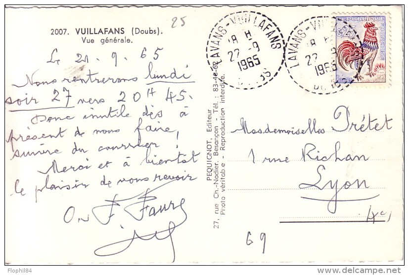 DOUBS - LAVANS-VUILLAFANS DU 22-9-1965 - CARTE POSTALE VUILLAFANS VUE GENERALE. - Cachets Manuels