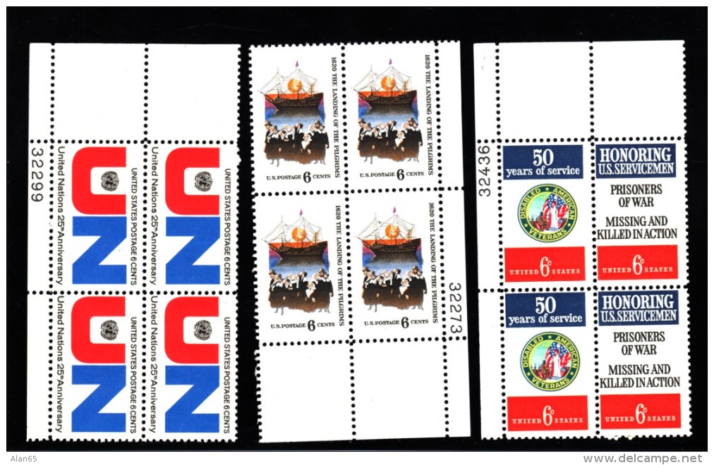 Lot Of 3 US Stamp Plate # Block Of 4, #1419 #1420 #1421, UN 25th, Pilgrim Landing, Honoring US Servicemen - Numéros De Planches