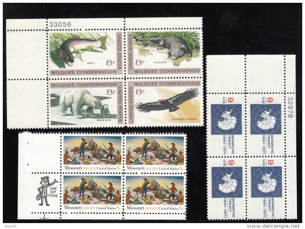 Lot Of 3 US Stamp Mr. ZIP &amp; Plate # Blocks Of 4 #1426 1427-30 1431 Missouri Statehood Wildlife Conservation Antarcti - Numéros De Planches
