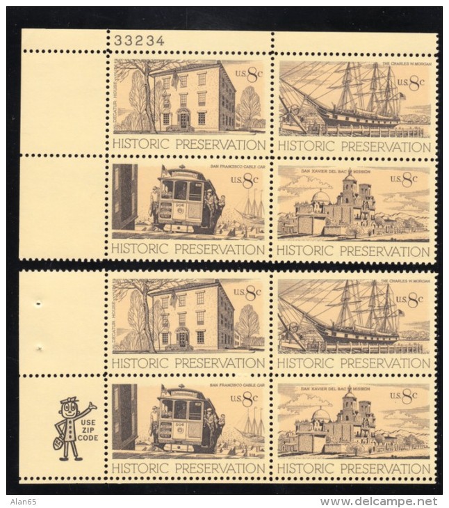 US Stamp Mr. ZIP &amp; Plate # Blocks 4, #1440-43, Historic Preservation Decatur House Whaling Ship Street Cable Car Mis - Plate Blocks & Sheetlets