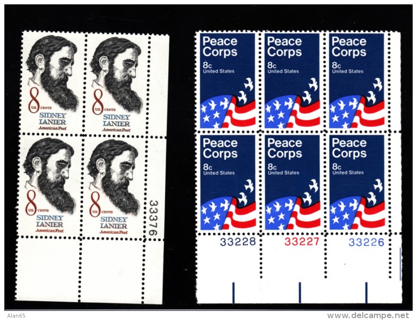 Lot Of 2 US Stamp Plate # Blocks 4 And 6, #1446 #1447, Sidney Lanier, US Peace Corps Issues - Plattennummern