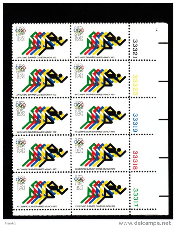 US Stamp Plate # Block 10 #1462, 15-cent 1972 Munich Olympics Issue Running - Plate Blocks & Sheetlets