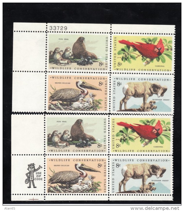 US Stamp Mr. ZIP &amp; Plate # Block Of 4, #1464-1467, Wildlife Conservation Issue, Walrus Cardinal Pelican Bighorn Shee - Numéros De Planches
