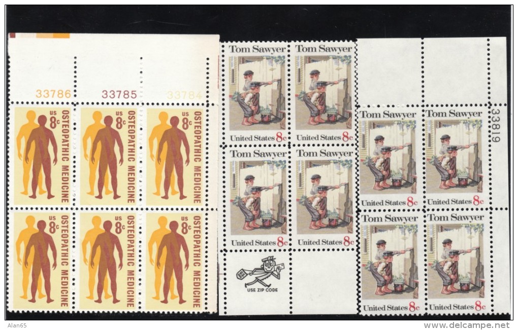 US Stamp Mr. ZIP &amp; Plate # Block Of 4 Or 6, #1469 #1470, Tom Sawyer Osteopathic Medicine Issues - Numéros De Planches