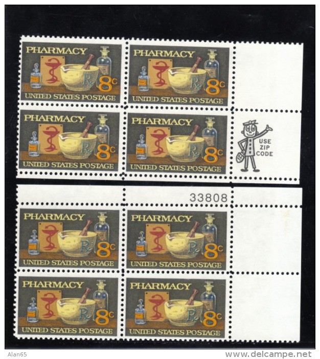 US Stamp Mr. ZIP &amp; Plate # Block Of 4, #1473, Pharmacy Issue, Medicine Drug Prescription - Plate Blocks & Sheetlets