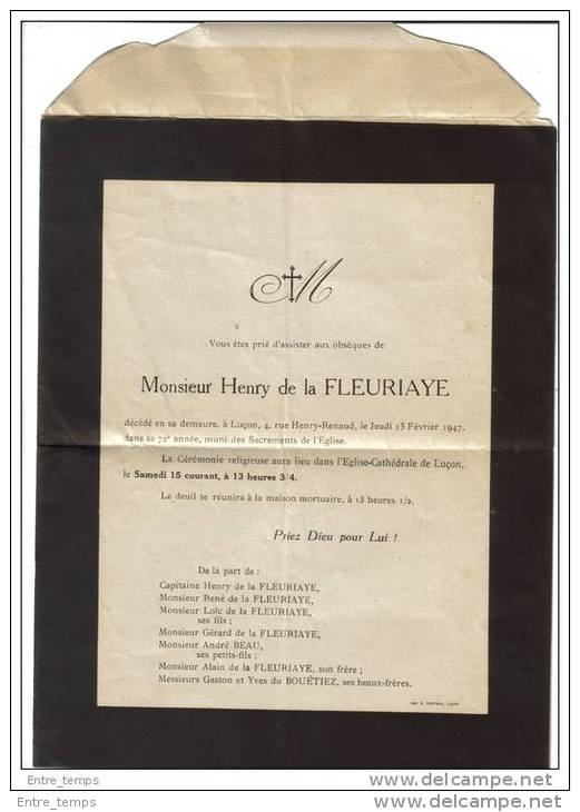 Luçon De La Fleuriaye Timbre  Mazelin Corse+ Alsace 1947 - Avvisi Di Necrologio