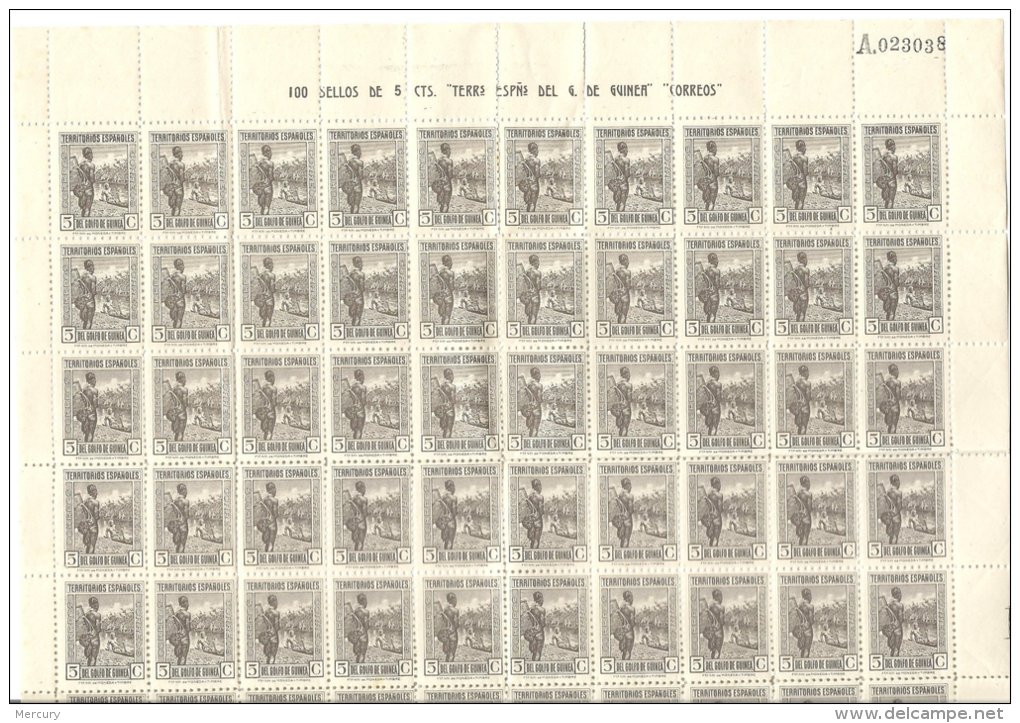 Feuille Entière De 100 Timbres Neufs Lithographiés De 1941 LUXE - Guinée Espagnole