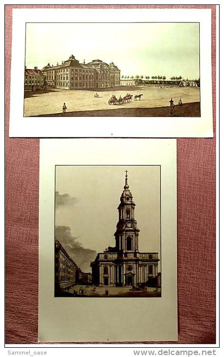 2 X Nachdruck Von Kolorierter Radierung + Aquarell Von Dresden  -  Kreuzkirche , Japanisches Palais  -  Ca. 1795 - Gouaches