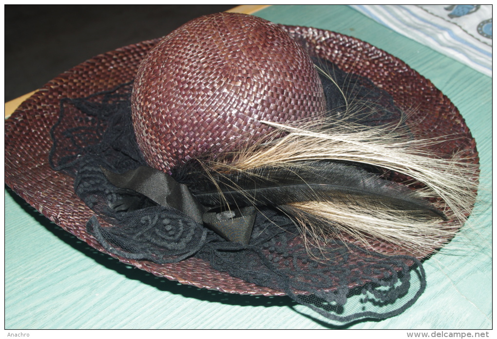 CHAPEAU  MODE PAILLE Naturelle DENTELLE Noire Et PLUMES - Cuffie, Cappelli, Berretti