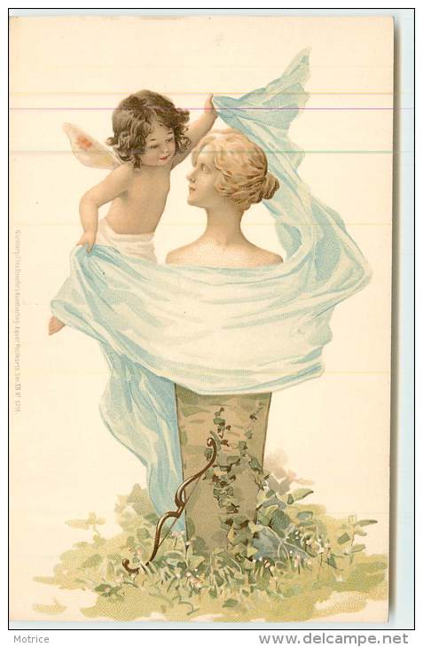 ANGELOT ET STATUE - Carte Style Art Nouveau. - Anges