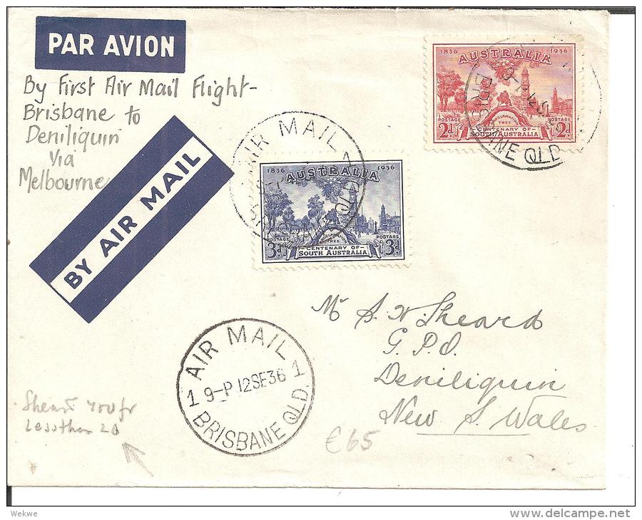 Au097 / Erstflug Brisbane NachDeniliquiny  (First Flight)1936 – Befördert Wurden Weniger Als 20 Briefe - Storia Postale