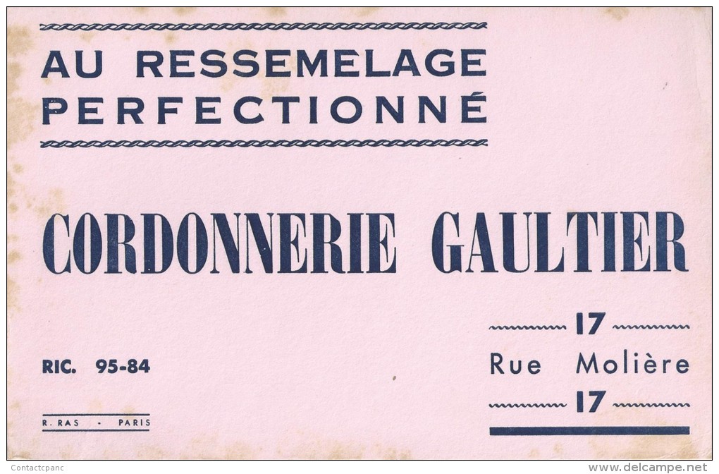 "   Cordonnerie   GAULTIER    "  17 Rue Molière  -   Paris        Ft  = 21 Cm  X  13.5 Cm - Chaussures