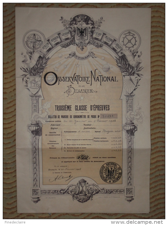 Observatoire National De Besançon - Troisième Classe D'épreuves - Bulletin De Marche Du Chronomètre De Poche - 1908 - Diplomi E Pagelle