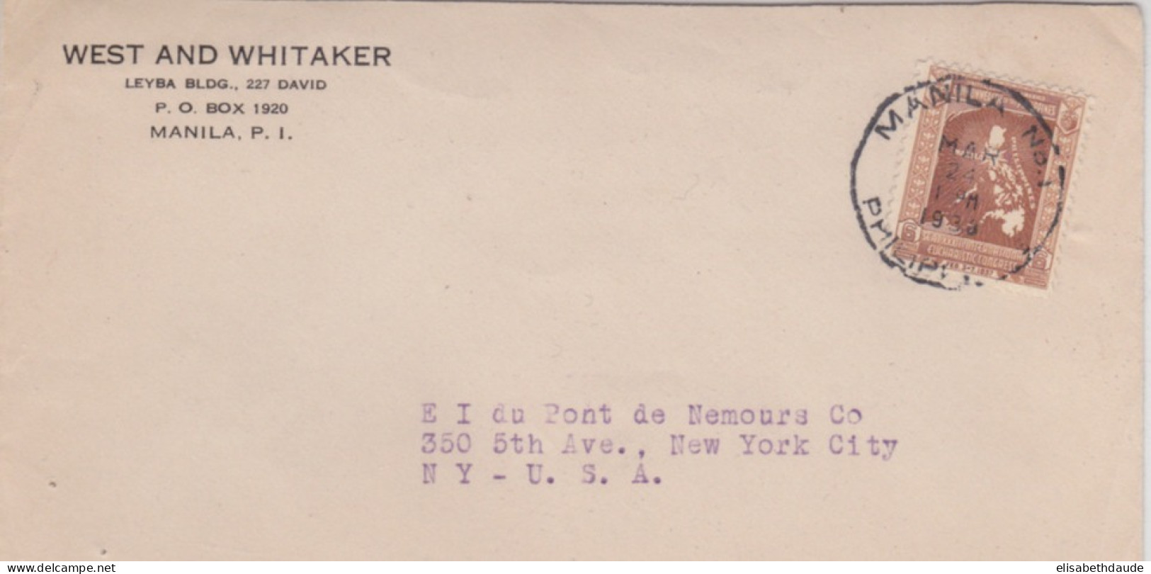 PHILIPPINES - 1938 - ENVELOPPE COMMERCIALE De MANILA Pour NEW YORK (USA) - Philippines