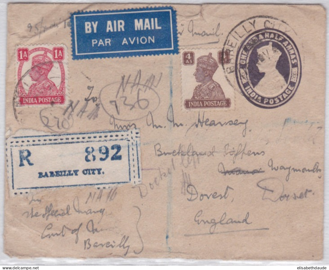 INDIA - 1945 - ENVELOPPE ENTIER POSTAL Par AVION RECOMMANDEE De BAREILLY Pour DOVER - 1936-47 King George VI