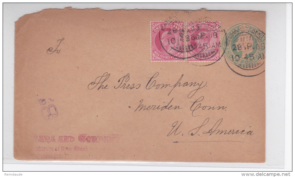 INDIA - 1908 - ENVELOPPE ENTIER POSTAL Pour MERIDEN (USA) - 1902-11  Edward VII