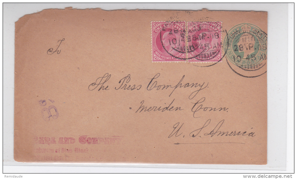 INDIA - 1908 - ENVELOPPE ENTIER POSTAL Pour MERIDEN (USA) - 1902-11 King Edward VII