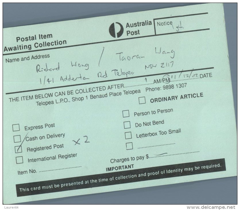 (919) Australia Post - Postal Items Awaiting Collection Green Card  - - Servizio