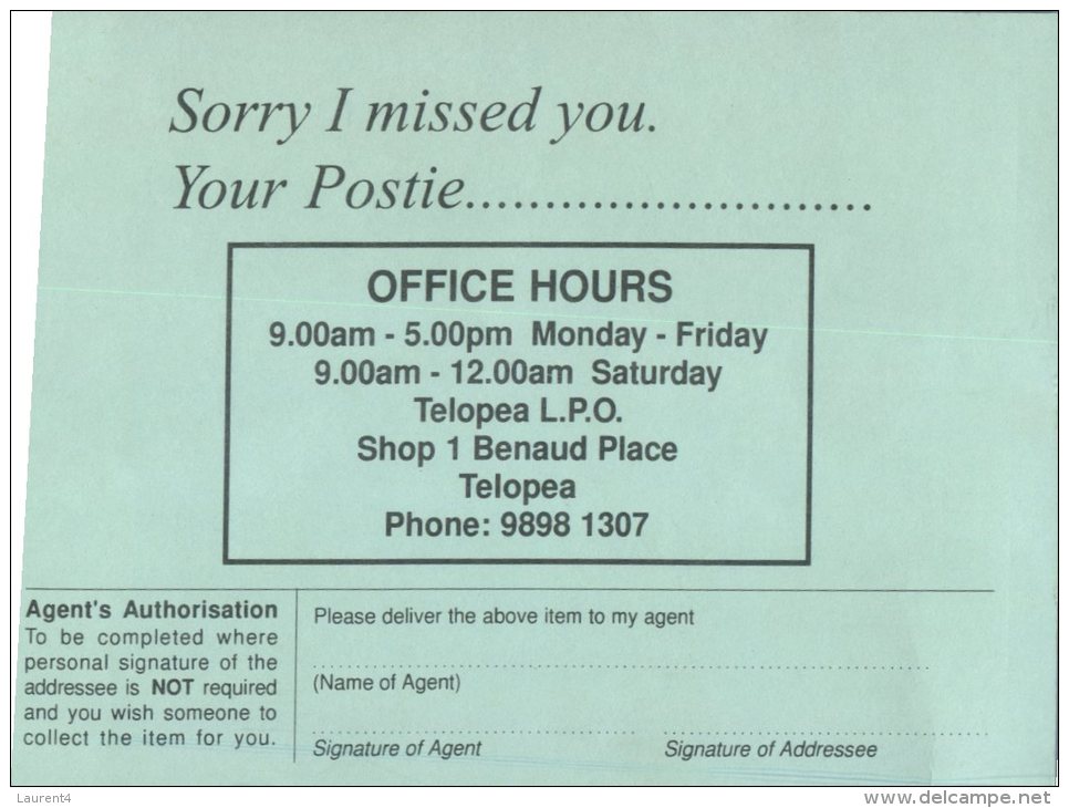 (919) Australia Post - Postal Items Awaiting Collection Green Card  - - Servizio