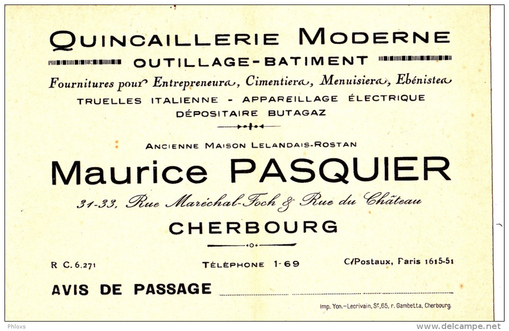 CHERBOURG/50/Quincaillerie  Maurice Pasquier / Réf:C1559 - Autres & Non Classés