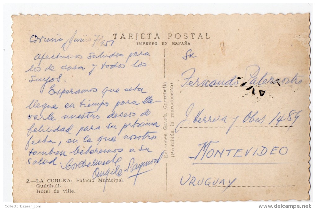 Tarjeta Postal Tipo Foto La Coru&ntilde;a Palacio Municipal Vintage Original Postcard Cpa Ak (W3_2679) - La Coruña