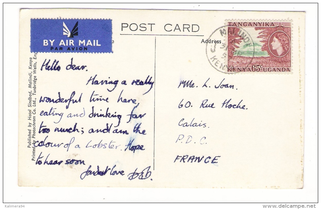 KENYA  /  SINDBAD ' S  BLUE  LAGOON , NR.  MALINDI.  /  Edit.  HOTEL  SINDBAD  ( Beau Timbre Du TANGANYIKA , En 1957 ) - Kenya