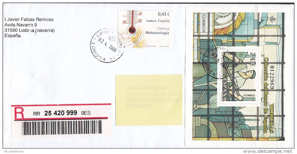 Spain Registered Recommandé Certificado LODOSA 2008 Cover Letra To Denmark Block Miniature Sheet Banco De Espana - Briefe U. Dokumente