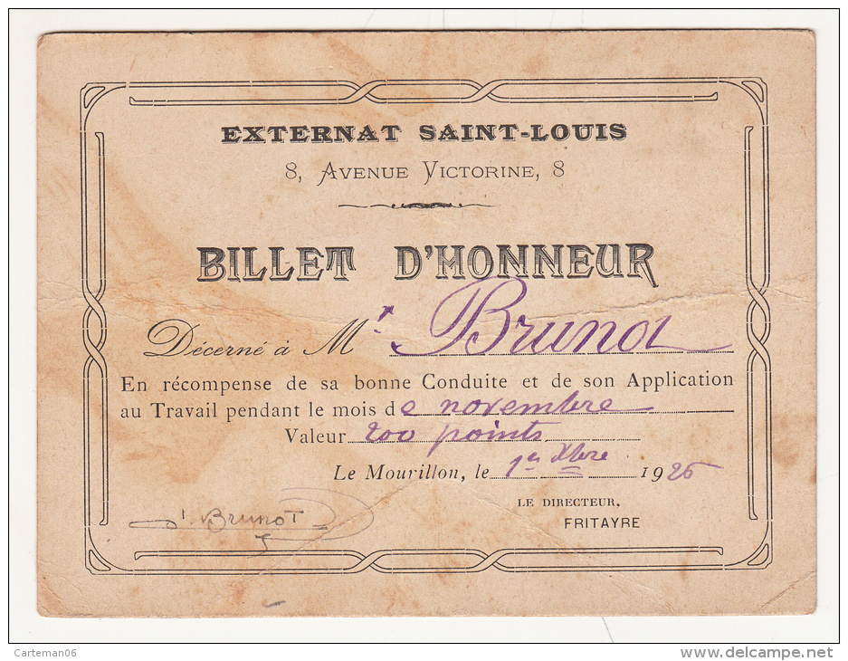 Billet D'honneur 1926 - Externat Saint Louis Le Mourillon (Toulon) - Diplome Und Schulzeugnisse