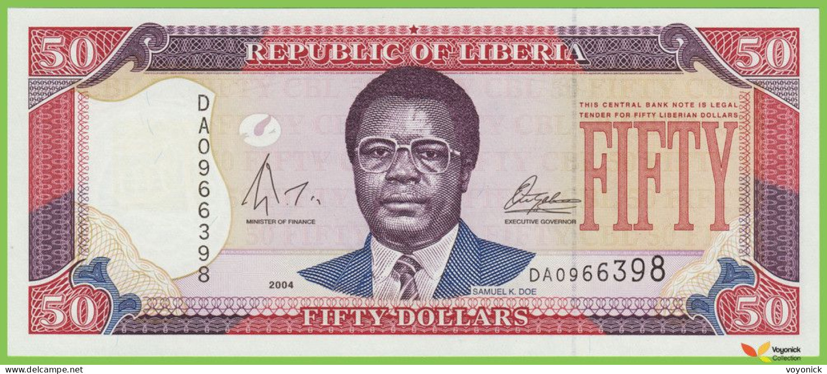 Voyo LIBERIA 50 Dollars 2004 P29b B309b Prefix DA UNC Samuel K. Doe - Liberia