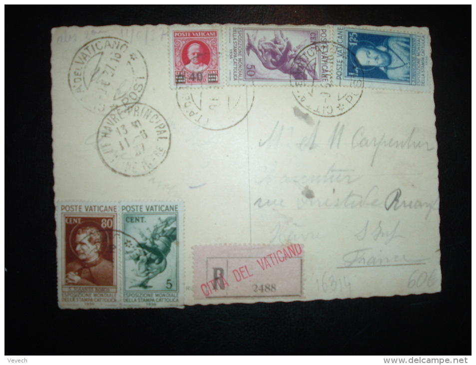 RARE CP RECOMMANDEE POUR LA FRANCE TP OBL. 9-6-37 CITA DEL VATICANO + GRIFFE LINEAIRE ROUGE - Lettres & Documents