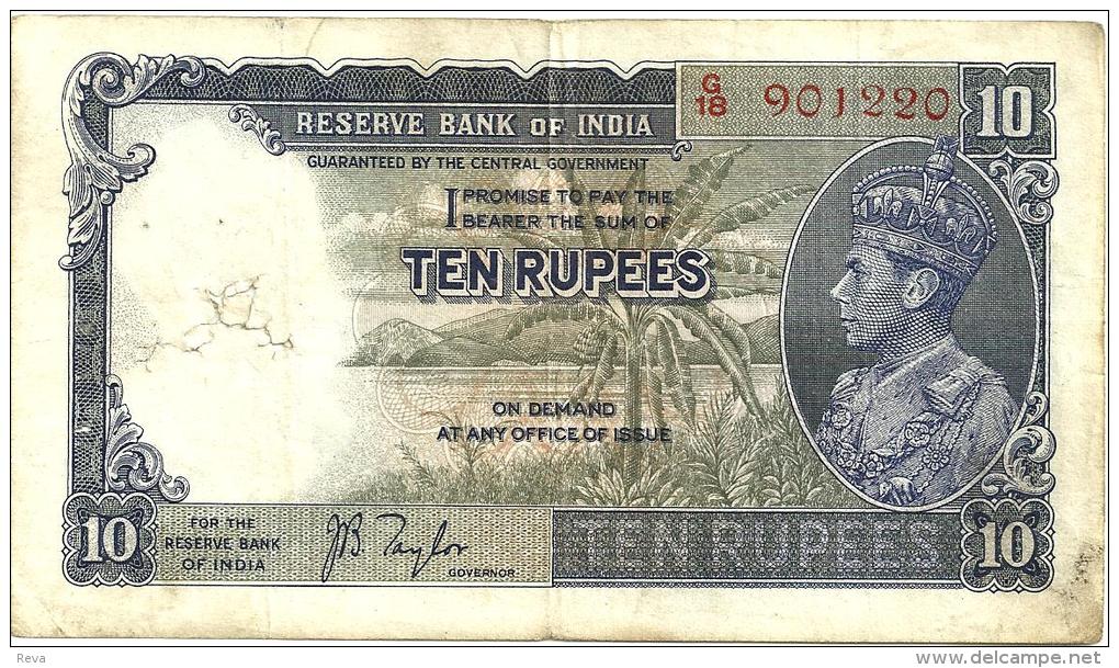 INDIA BRITISH 10 RUPEES GREEN KGVI HEAD FRONT EMBLEM BACK ND(1937) SIGN.TAYLOR P19a EF READ DESCRIPTION !!!!!! - India