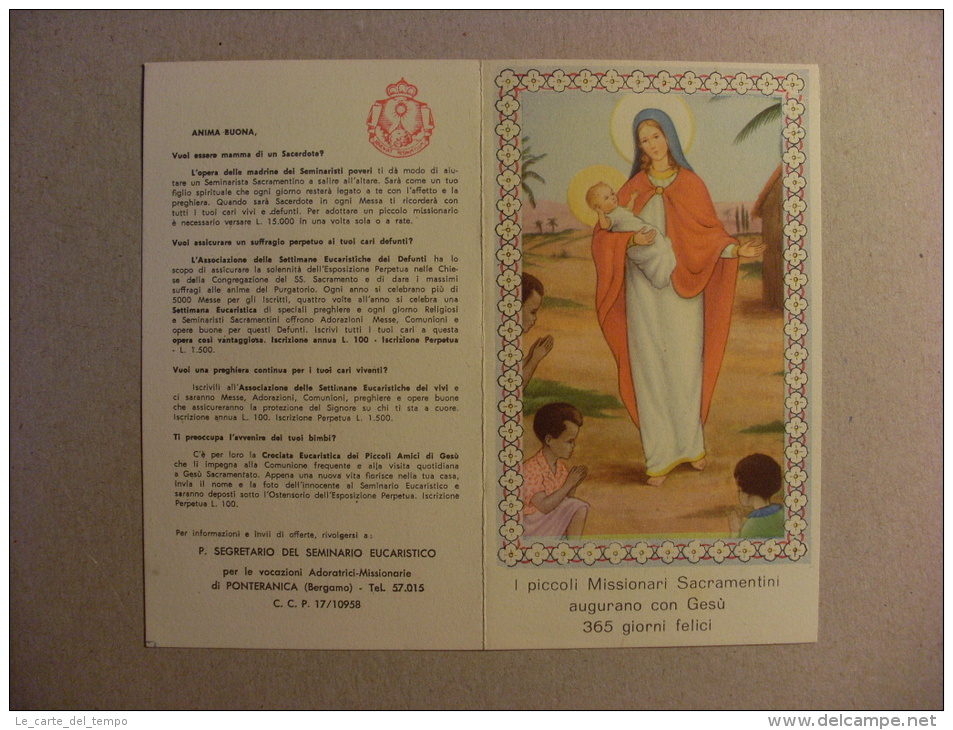 Calendario Santino "Piccoli Missionari Sacramentini - Auguri Di Buon Anno 1960" (Madonna Con Bambino) - Formato Grande : 1941-60