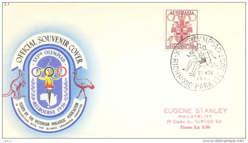 Australia Olympic Games 1956 Melbourne Official Souvenir Cover - Coat Of Arms Stamp - Richmond Park Running Handstamp - Summer 1956: Melbourne