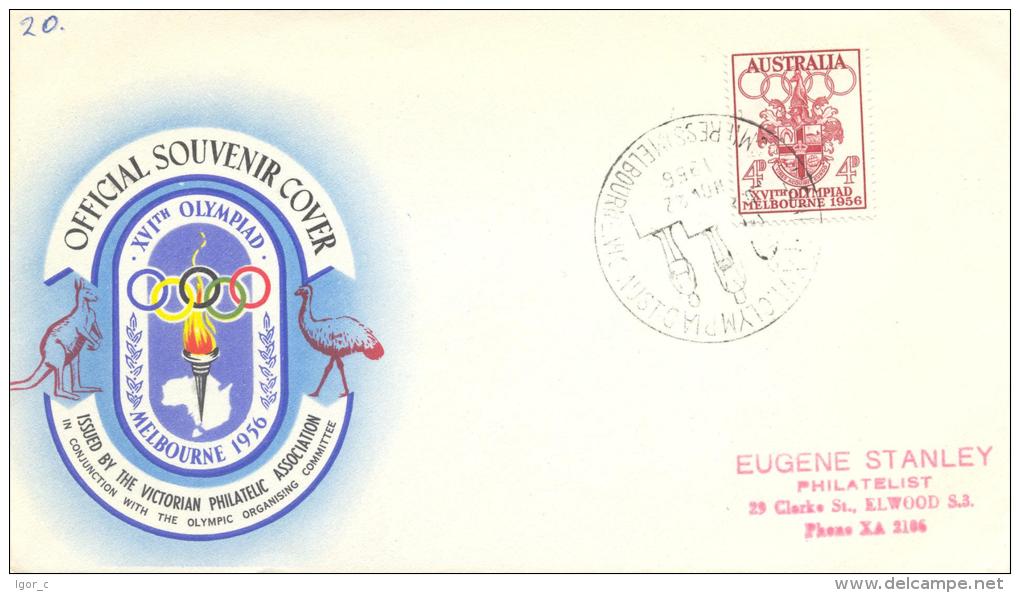 Australia Olympic Games 1956 Melbourne Official Souvenir Cover - Coat Of Arms Stamp - Medal Ceremony Handstamp - Summer 1956: Melbourne