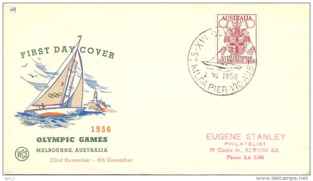 Australia Olympic Games 1956 Melbourne FDC - Coat Of Arms Stamp - Sailing Handstamp - Olympic Flame Cachet - Summer 1956: Melbourne