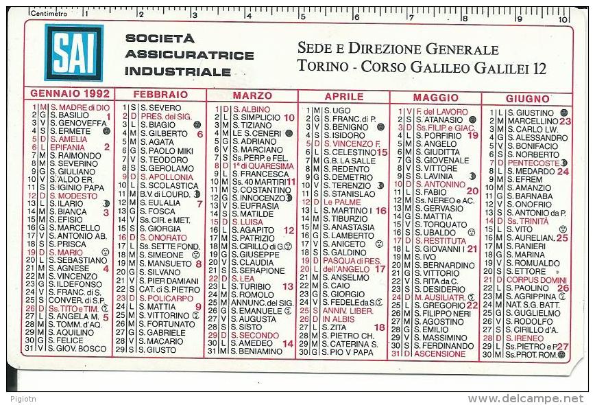 CAL309 - CALENDARIETTO 1992 - SAI ASSICURAZIONI - Formato Piccolo : 1991-00