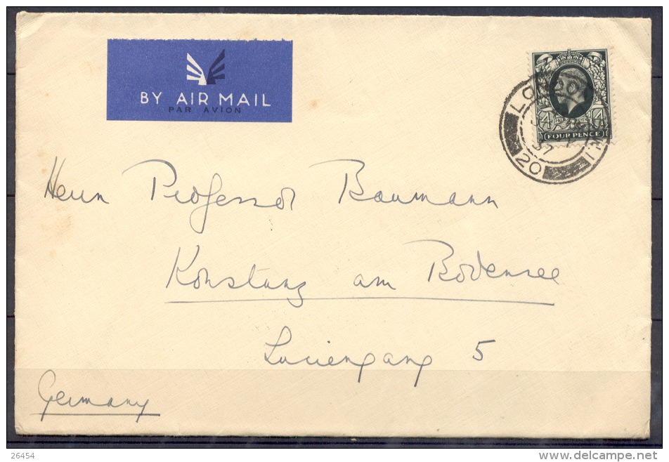 LETTRE   Cachet  LONDON   Annee  1937  Pour    L Allemagne  Timbre 4 P SEUL Sur LETTRE  Par Avion - Covers & Documents