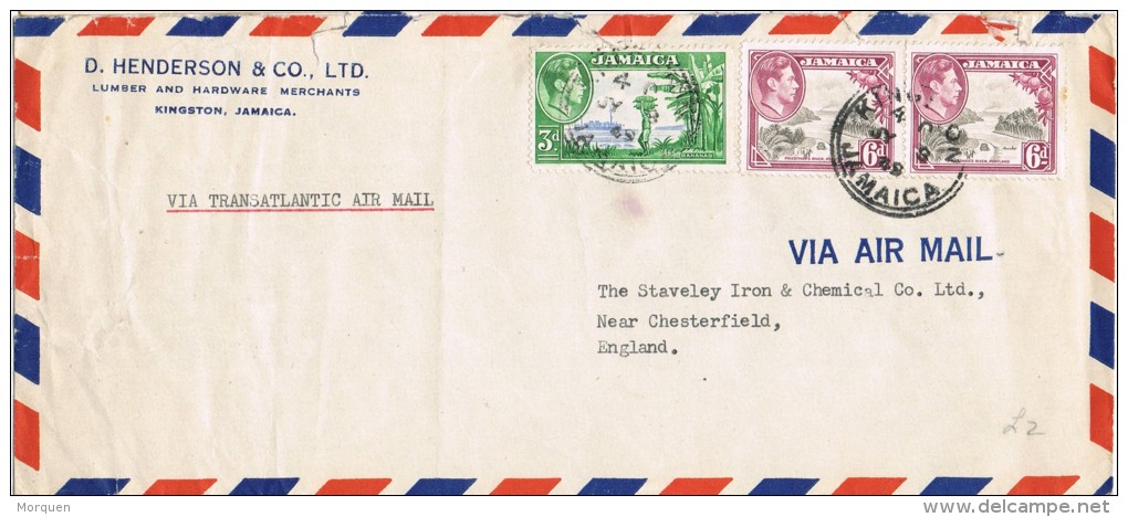5404. Carta Aerea KINGSTON (Jamaica) 1949. Trasatlantic Air Mail - Jamaica (...-1961)