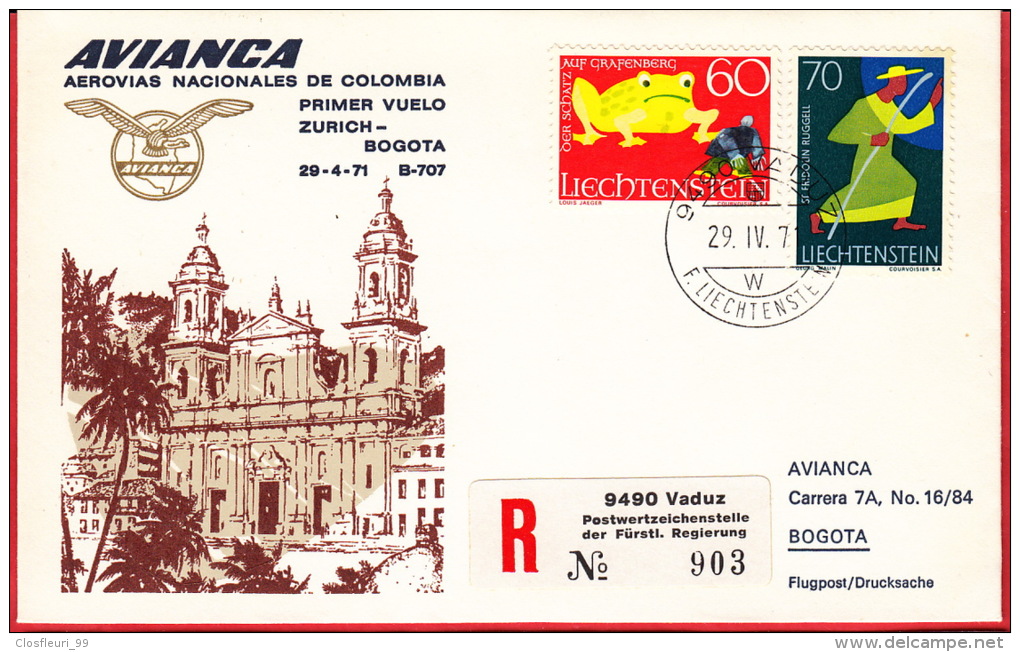 Cinq (5) Premiers Vols D´Avianca Zürich Bogota, Barranquilla, San Juan P-R (E-U) / Recommandées 1971 - Storia Postale