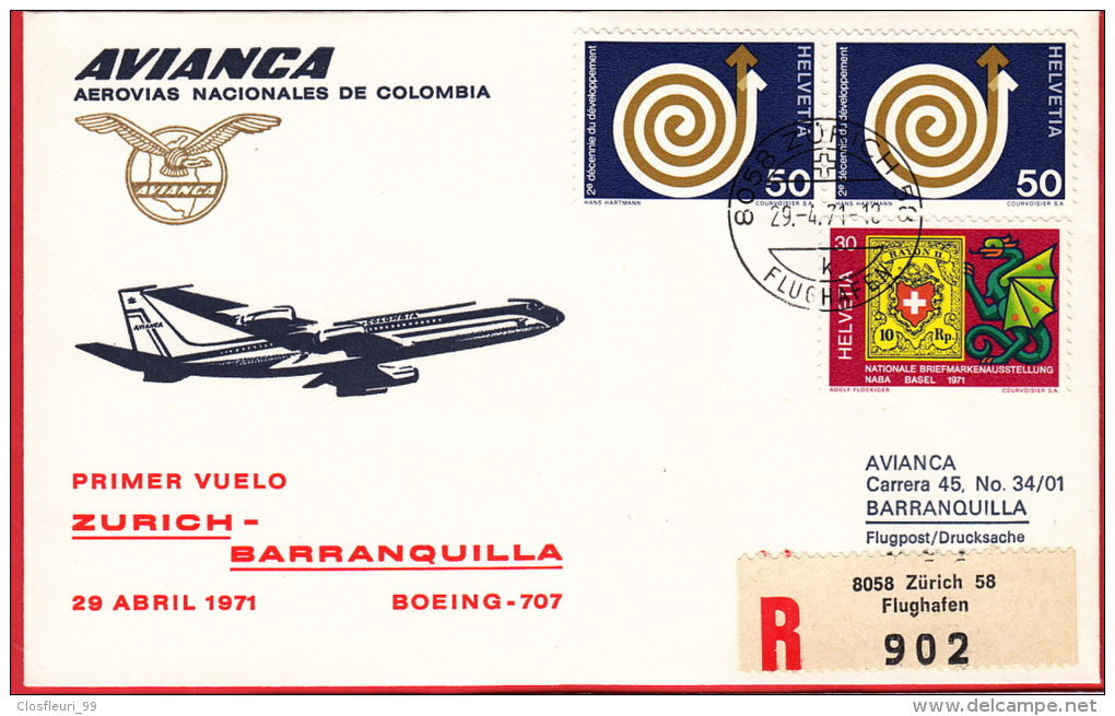 Cinq (5) Premiers Vols D´Avianca Zürich Bogota, Barranquilla, San Juan P-R (E-U) / Recommandées 1971 - Lettres & Documents
