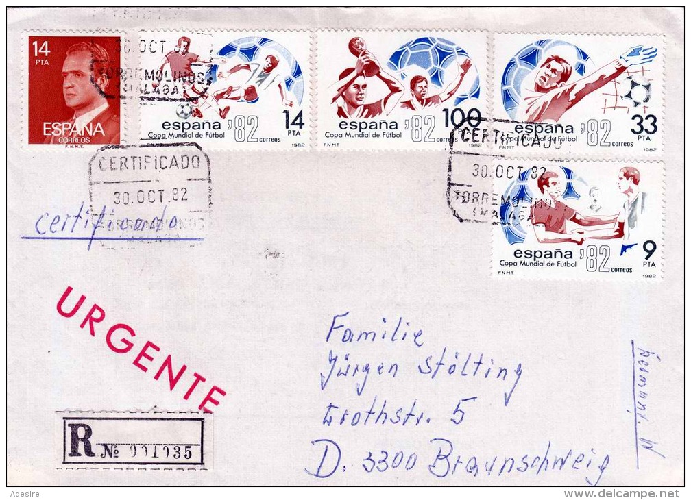 1982 SPANIEN, 5 Fach Frankierung Auf R-Brief, Certificado, Mehrere Stempel, 6 Eckstempel Malaga - Sonstige & Ohne Zuordnung