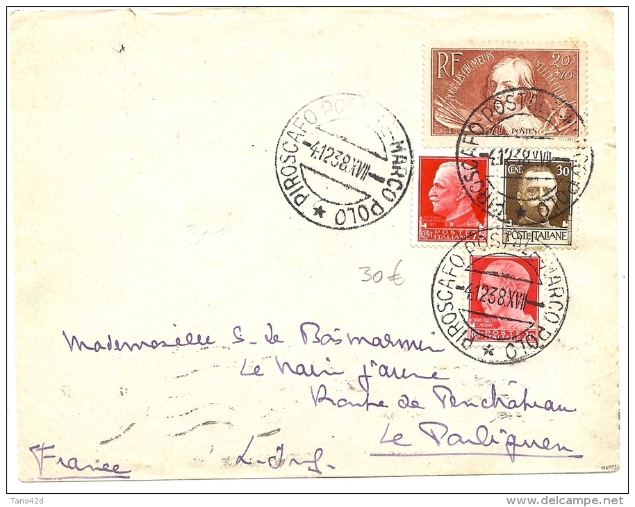 LBL20/2- PIROSCAFO POSTALE MARCO POLO 4/12/1938 AFR.T MIXTE FRANCE-ITALIE - Maritime Post