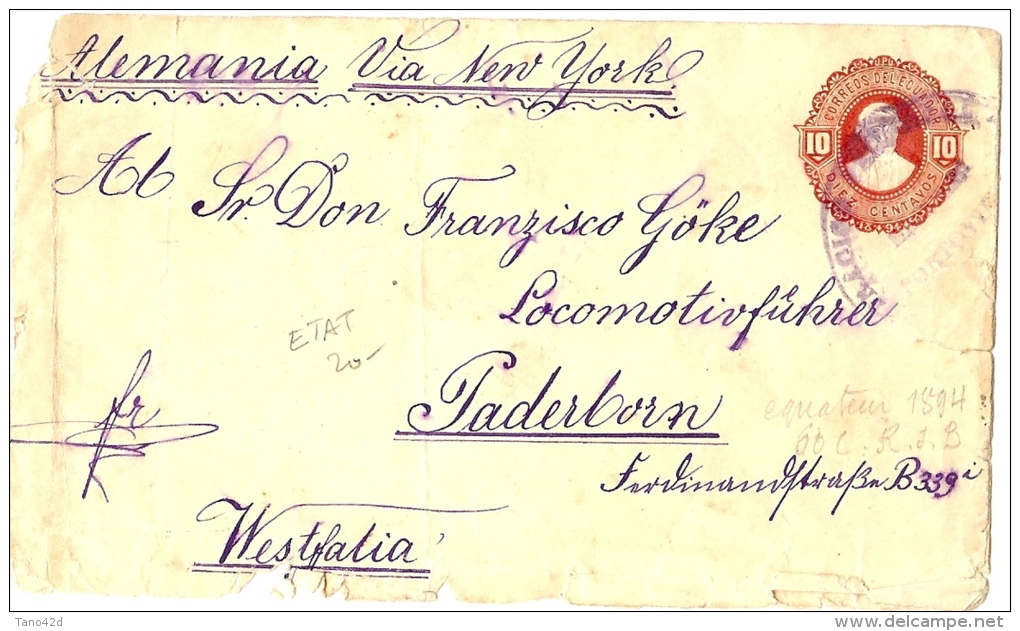 LBL20/2- ECUADOR EP ENVELOPPE A DESTINATION DE PADERBORN MARS 1895 THEME TRAINS - Equateur